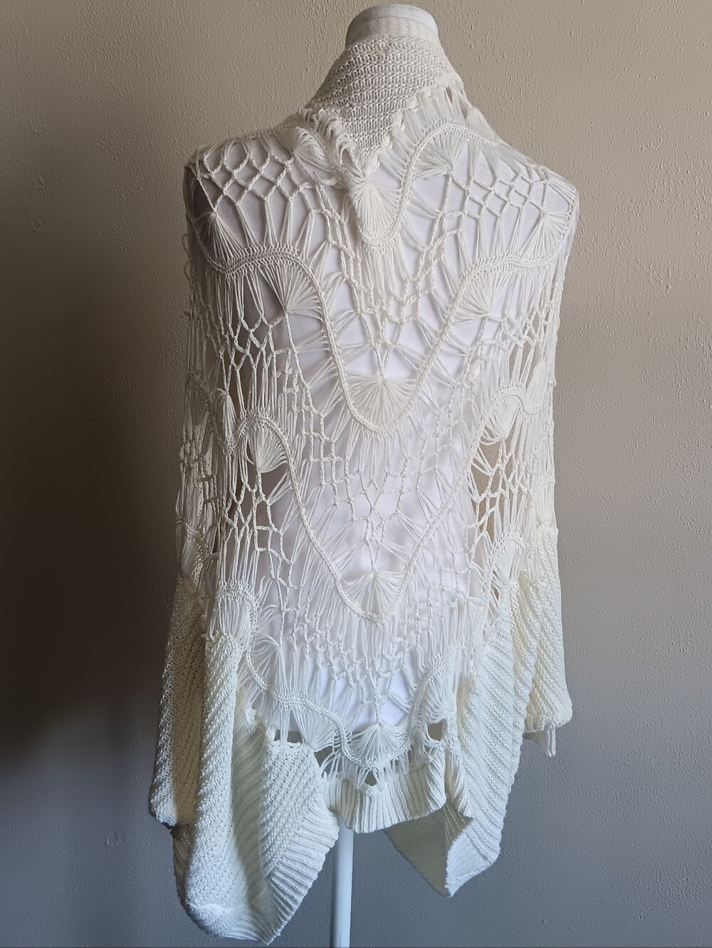 Crochet Open Knit Ivory Shawl Boho Cardigan By Miracle, Womens Size Small